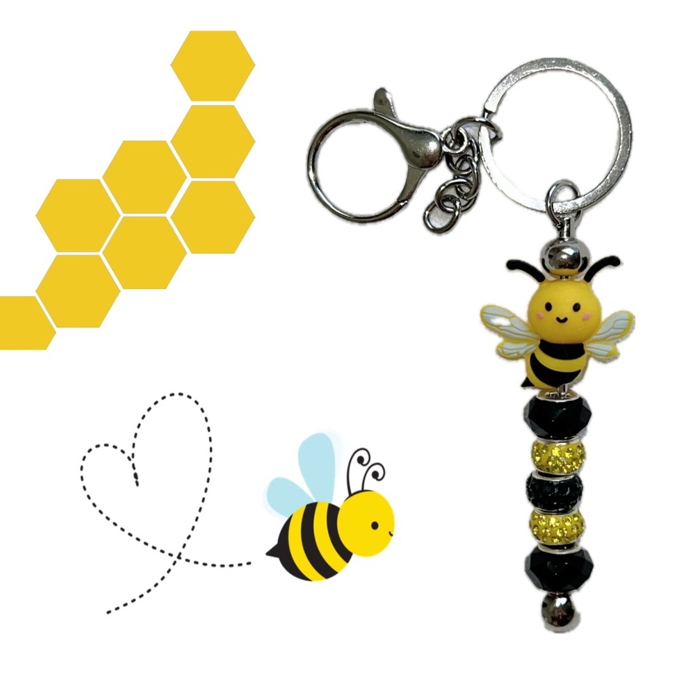 Bee-Themed Keychain with Yellow and Black Beads